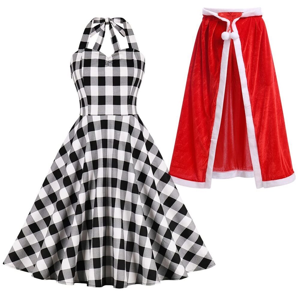 4060 Christmas Dress Plaid Dresses Sleeveless with Cloak Hooded Cape Little